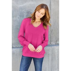 BASIC BAE Hot Pink V-Neck Long Lantern Sleeve Banded Waist Top NEW